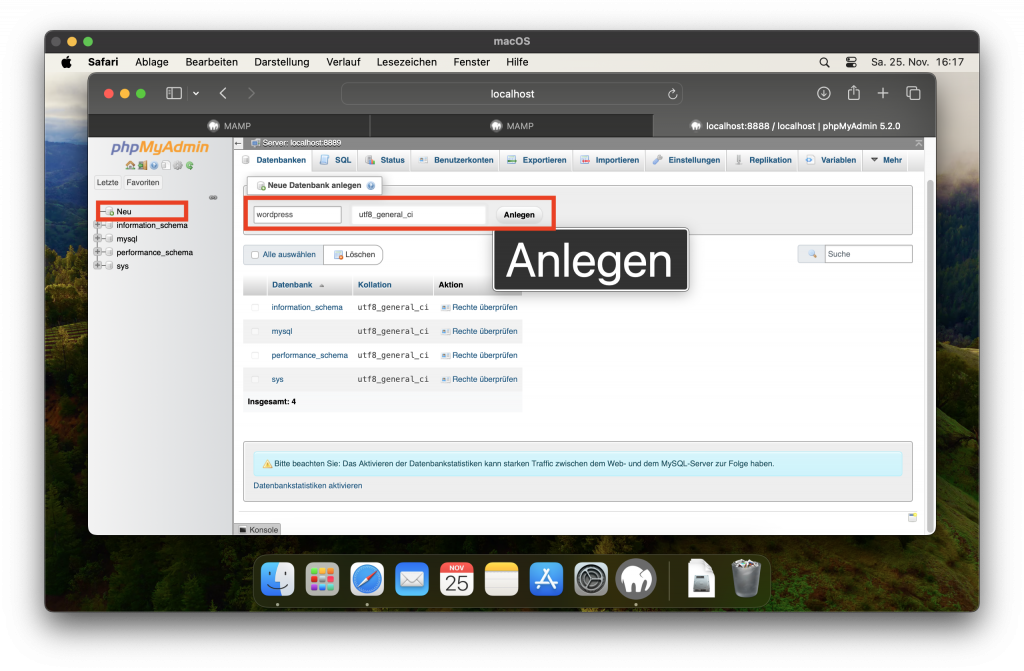 Safari mit phpMyAdmin, die Seite zum Anlegen einer neuen Datenbank; die Felder Datenbank-Name, Zeichensatz und die Schaltfläche "Anlegen" sind mit einem roten Rechteck hervorgehoben.
