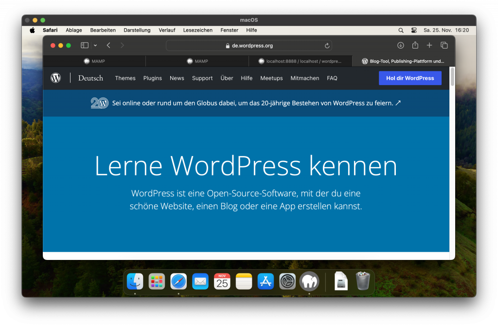 Im Browser Safari ist die deutsche Startseite von WordPress geöffnet.