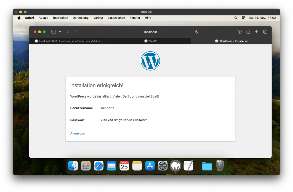 Safari mit der WordPress-Seite nach erfolgreicher Installation.