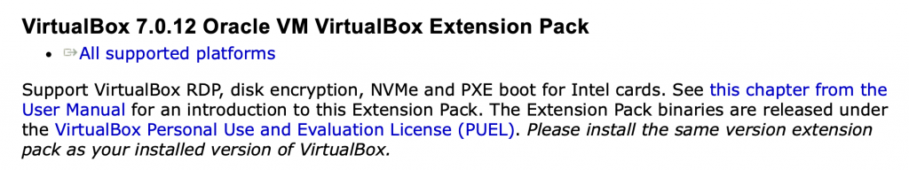 Screenshot der Oracle-Webseite, Download des Extension Pack.