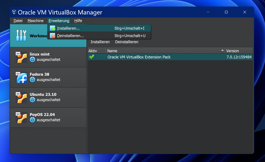 Der VirtualBox Manager: das Menü "Werkzeuge" ist ausgewählt, im Hauptfenster ist die Zeile Extension Pack mit einem grünen Haken versehen.