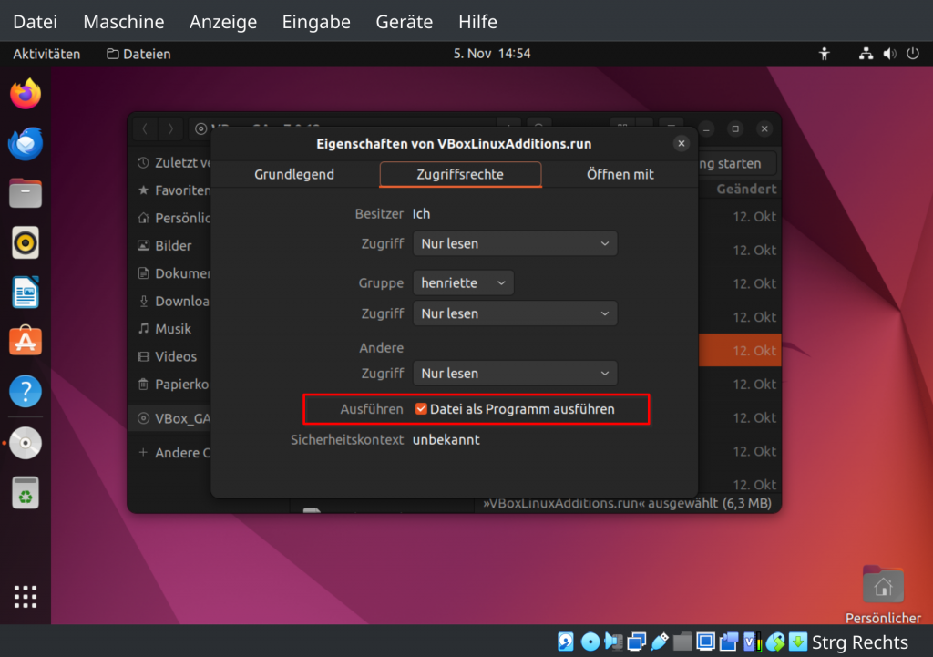 Ubuntu Dateimanager: für die Datei "VBoxLinuxAdditions.run" ist das Kontextmenü mit den Zugriffsrechten geöffnet, das Kontrollkästchen bei "Datei als Programm ausführen" ist angehakt.