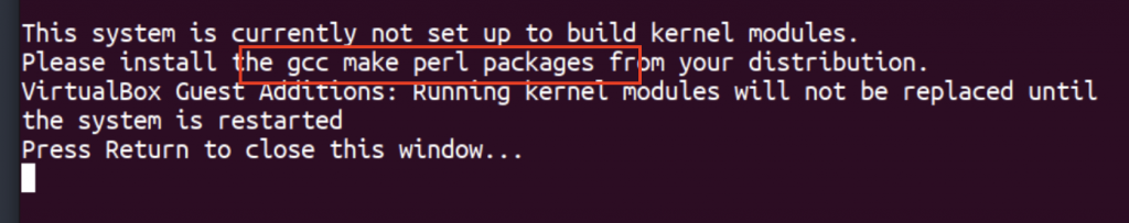 Ein Ausschnitt aus dem Ubuntu-Terminal mit der Fehlermeldung wegen fehlender Kernel-Module "gcc" und "make".