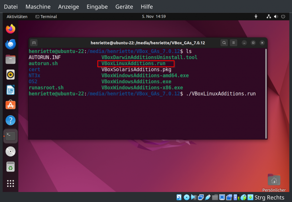 Ubuntu Terminal: mit dem Befehl "ls" wird der Inhalt des Verzeichnisses aufgelistet,