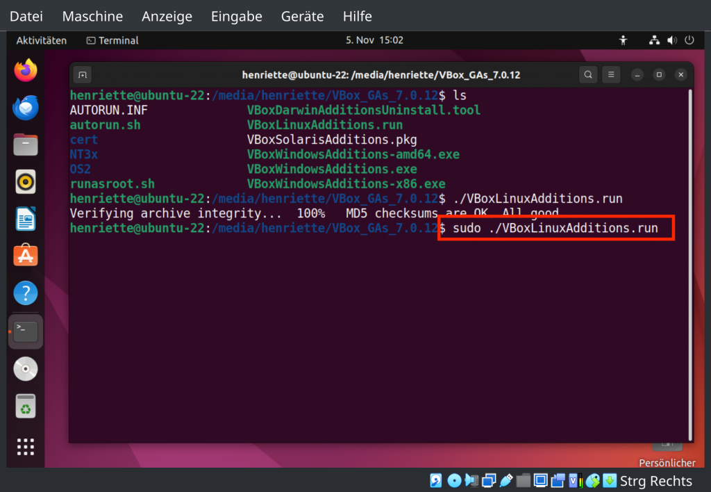 Ubuntu Terminal: Installation mit Administrator-Rechten.