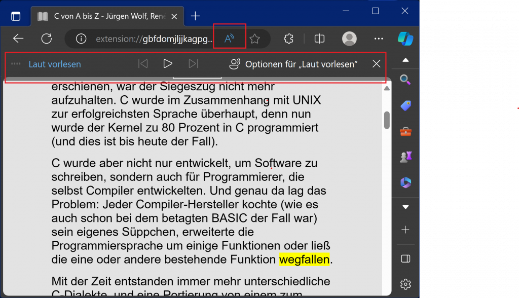 Microsoft Edge mit Epub-Reader: eine Buchseite ist geöffnet, die aktuell vorgelesene Stelle ist gelb hervorgehoben. Unterhalb der Suchleiste werden Schaltflächen für die Vorlesefunktion angezeigt.