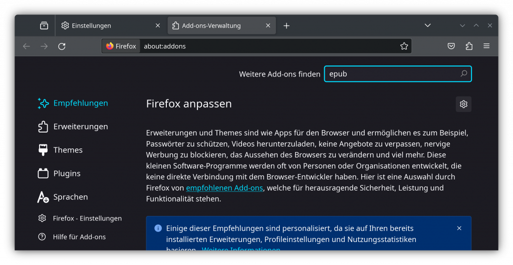 Mozilla Firefox: der Einstellungs-Tab für Erweiterungen ist geöffnet, oben im Suchfeld ist "epub" für die Suche nach dem Add-On eingegeben.