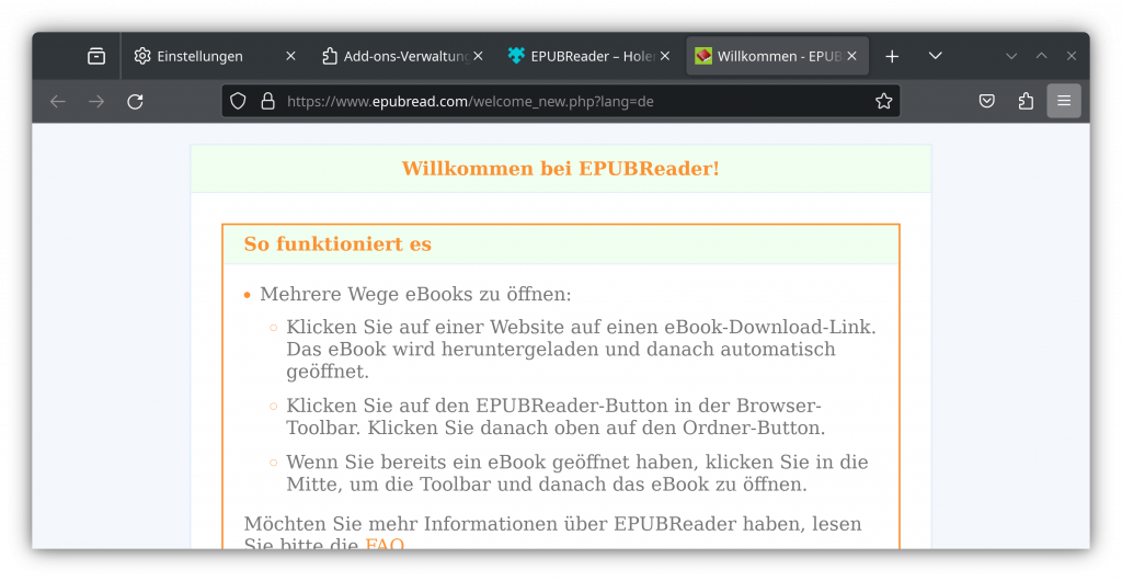 Firefox: Willkommen-Seite des Epub-Readers