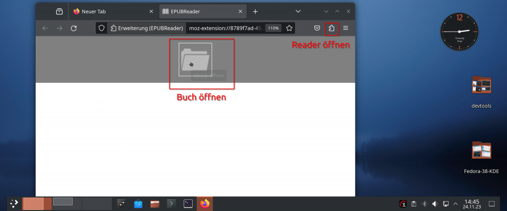 Firefox: EPUBReader nach dem Start, oben in der Mitte wird ein Ordnersymbol angezeigt, in der Adressleiste das Symbol für die Erweiterungen.