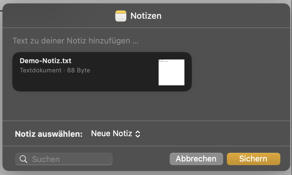 Pages auf dem Mac: Screenshot des Dialogfensters zum senden einer Kopie des Dokuments an die Notizen-App.