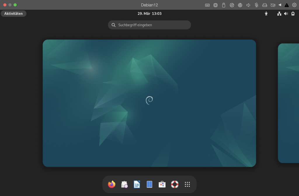 Debian 12 Desktop mit Dock und Suchfeld.