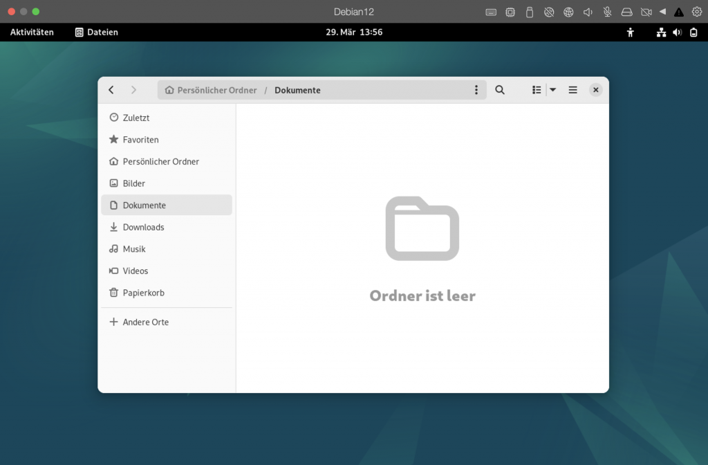 Debian 12 Dateiverwaltung, das Verzeichnis "Dokumente" ist geöffnet.