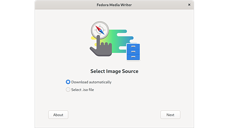 Screenshot: Fedora Media Writer Startbildschirm