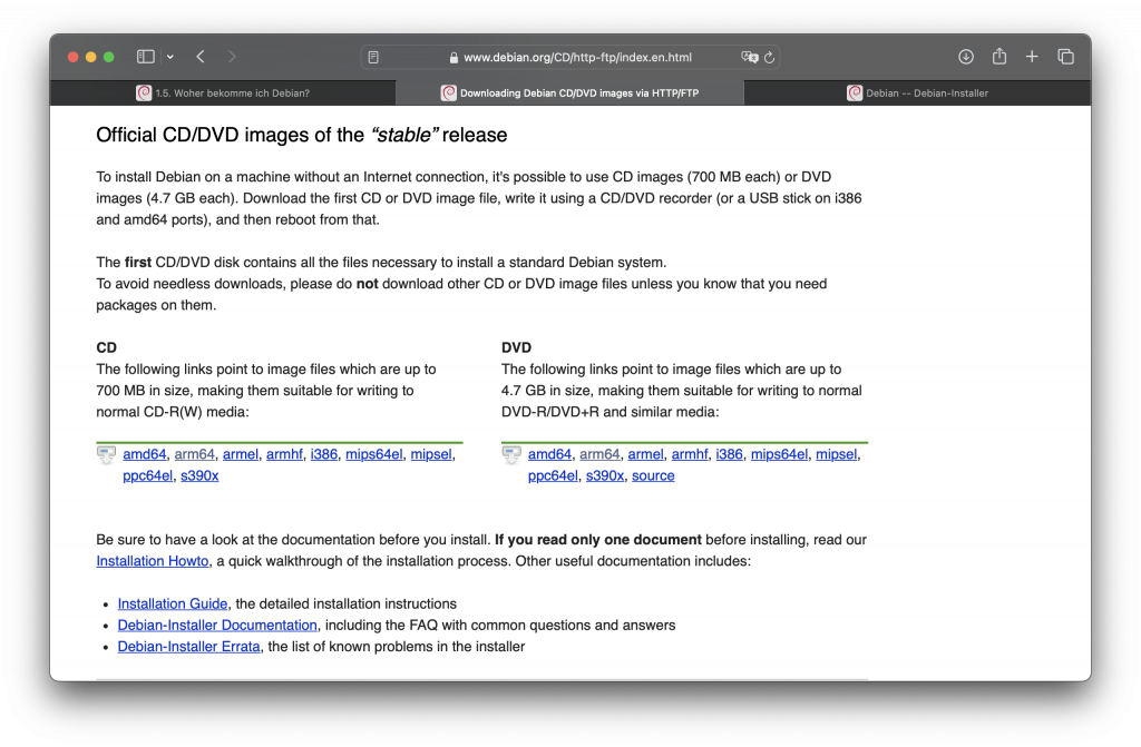 Debian, Screenshot der Webseite mit den Download-Links.