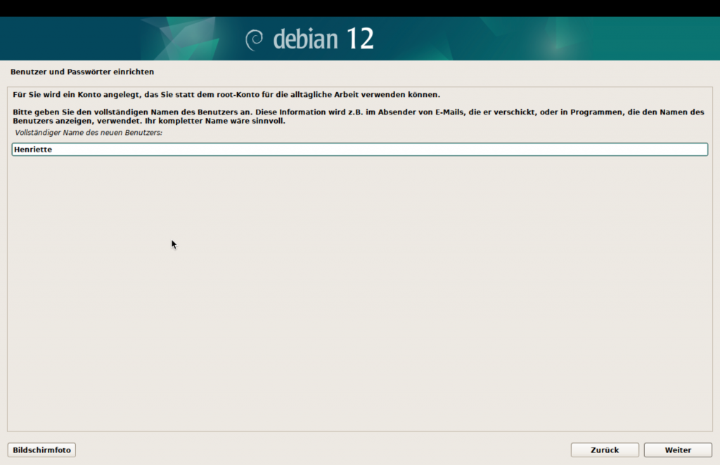 Debian-Installer, Benutzernamen eingeben.