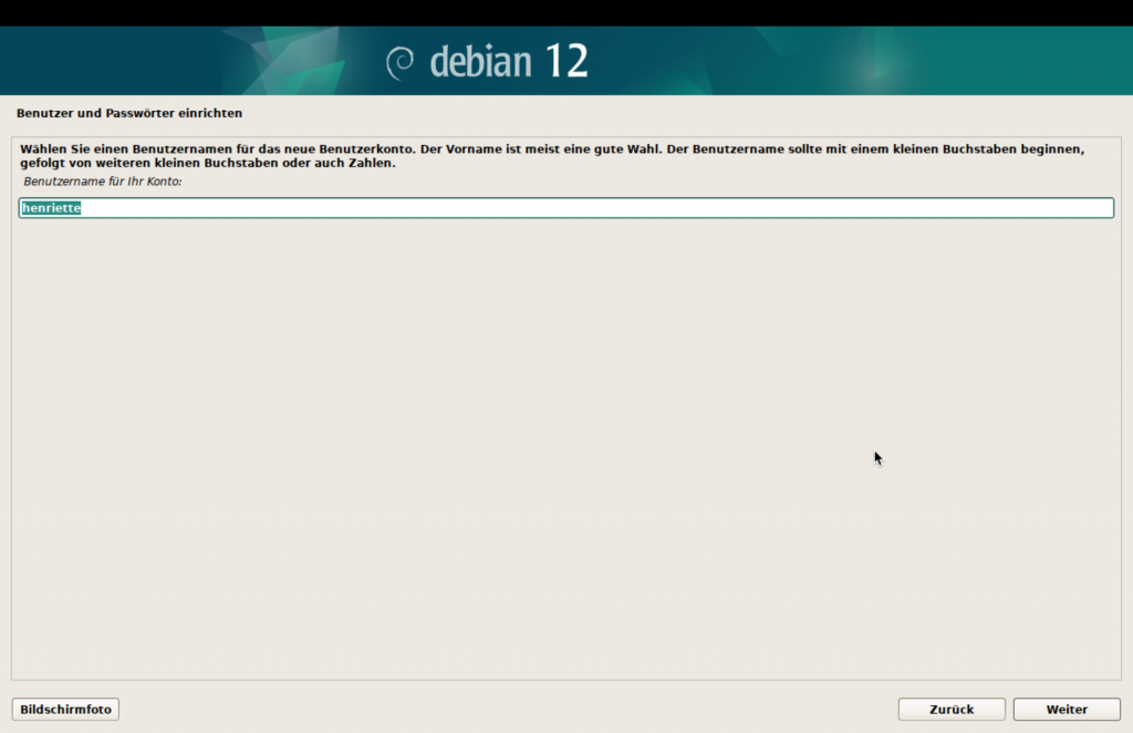 Debian-Installer, Name für das Benutzerkonto.