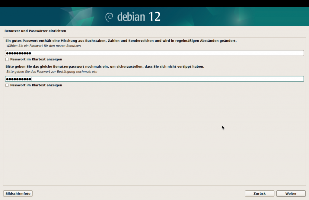 Debian-Installer, Passwort für den Benutzer setzen.