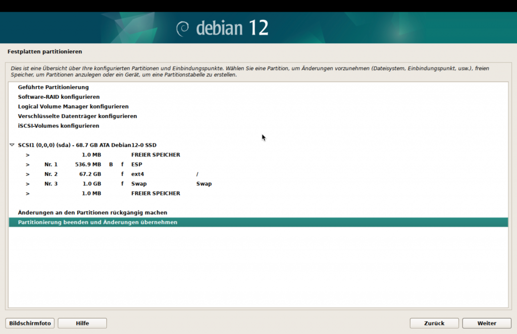 Debian-Installer, Übersicht über die Partitionen.