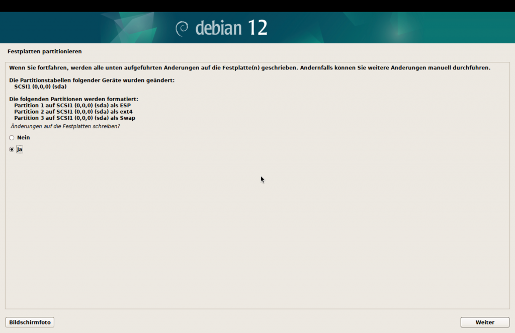 Debian-Installer, Bestätigen der Partitionierung.