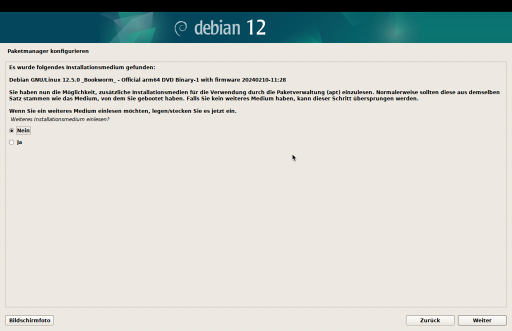 Debian-Installer, weiteres Installations-Medium, "nein" ist ausgewählt.
