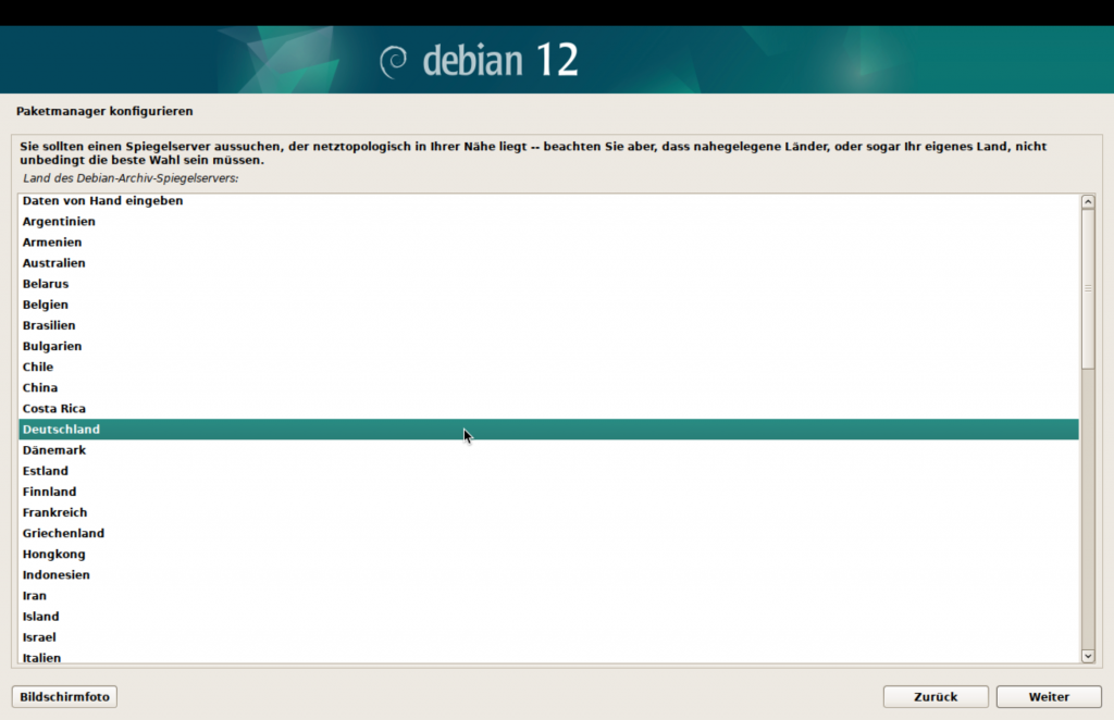Debian-Installer, Spiegelserver Standort