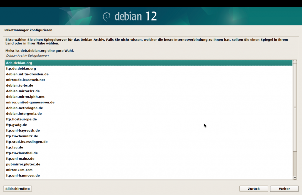 Debian-Installer, Spiegelserver Anbieter.