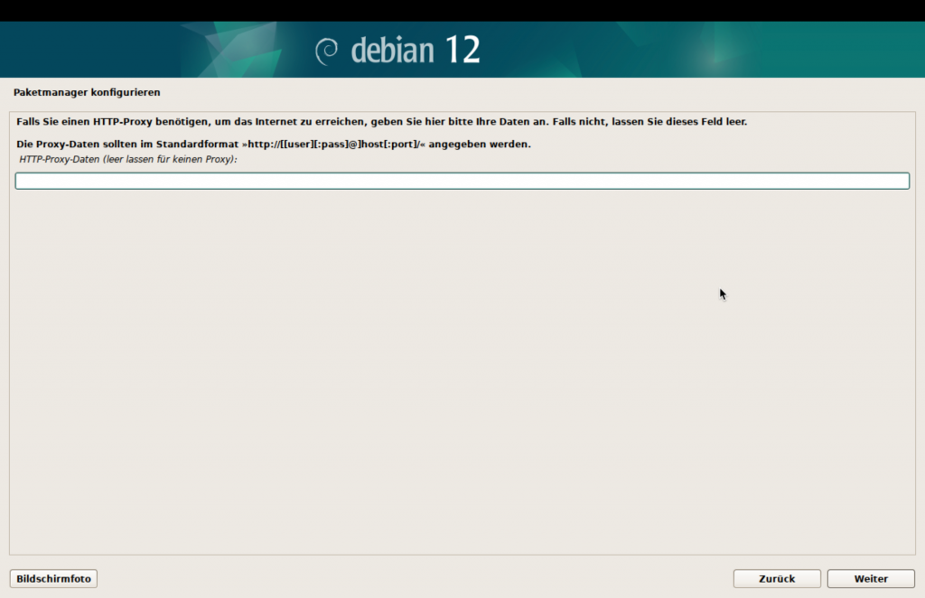 Debian-Installer, HTTP-Proxy, das Eingabefeld bleibt leer.