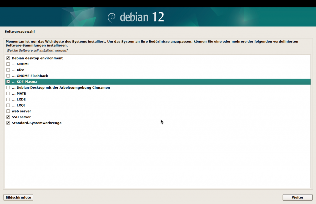 Debian-Installer, Auswahl zusätzlicher Software, vor "KDE-Plasma" ist das Kontrollkästchen aktiviert.