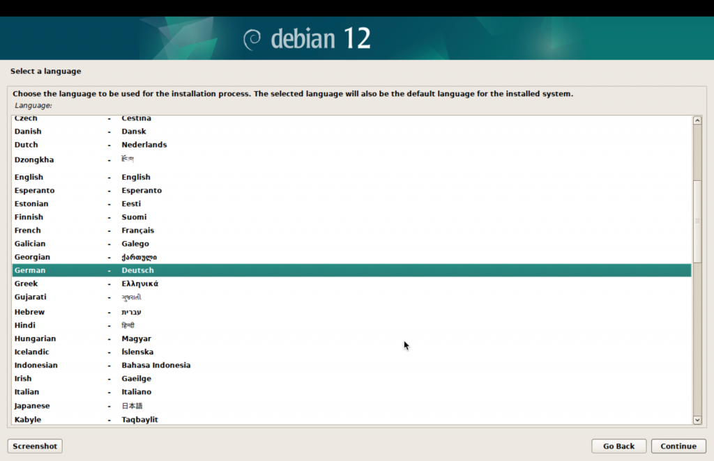 Debian-Installer, Wahl der Systemsprache.