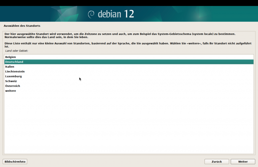 Debian-Installer, Wahl des Standorts.