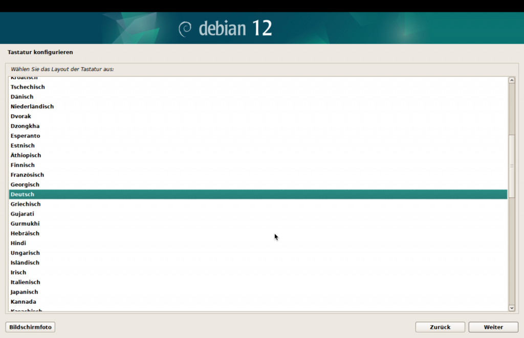 Debian-Installer, Wahl der Tastatur-Sprache.
