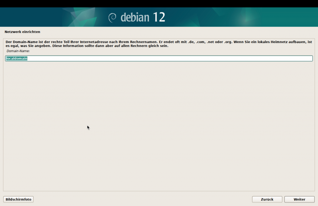 Debian-Installer, Wahl der Domain.