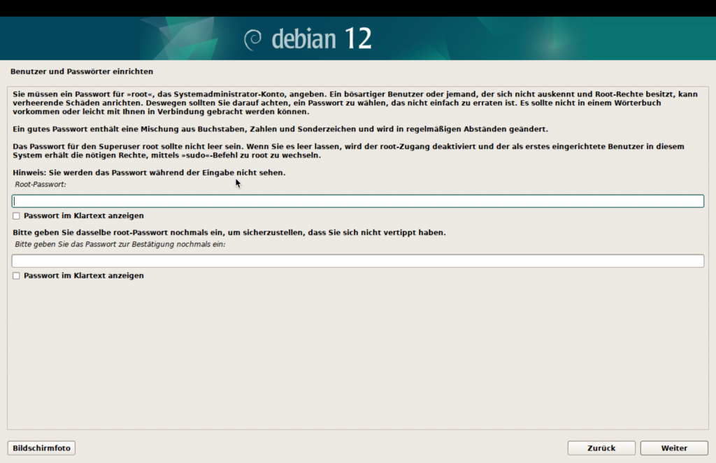 Debian-Installer, Root-Passwort vergeben.