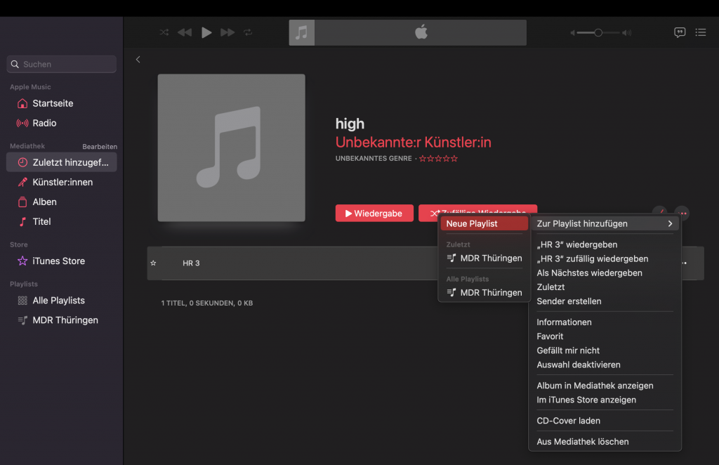 Programmfenster der App "Musik", neue Playlist anlegen.
