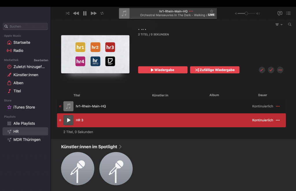 Programmfenster der App "Musik", Sender in der Liste verschieben.