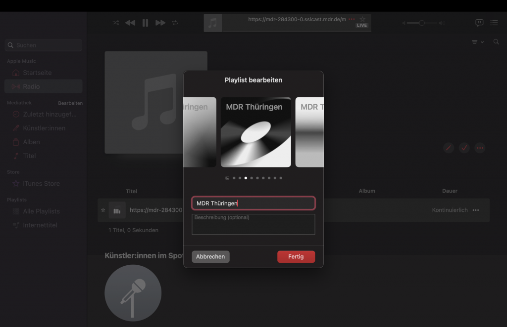 Programmfenster der App "Musik", Cover und Titel ändern in einer Dialogbox.