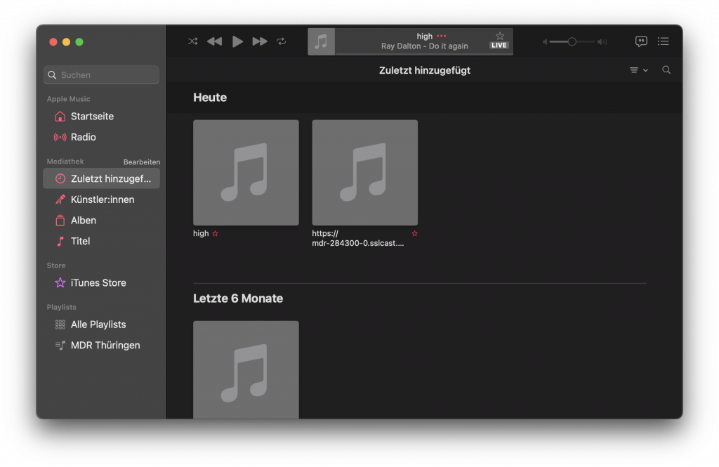 Programmfenster der App "Musik", das Menü "Zuletzt hinzugefügt".
