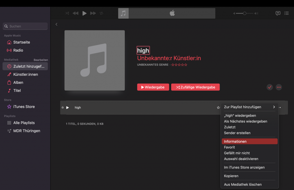 Programmfenster der App "Musik", Einzelansicht eines neuen Senders.