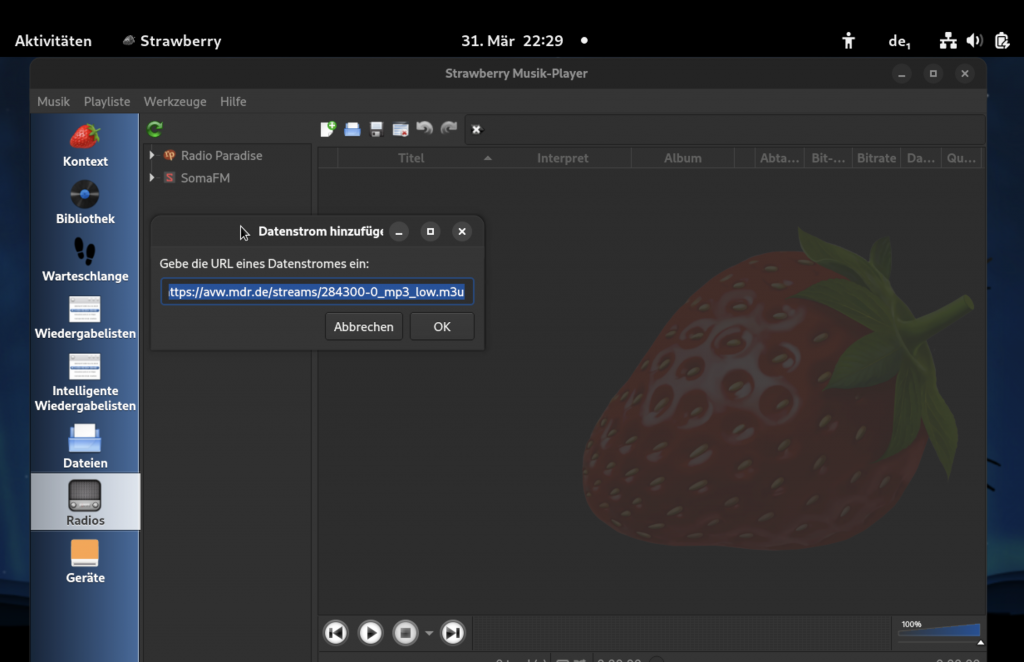 Strawberry, Dialogfenster zum Hinzufügen eines Senders.