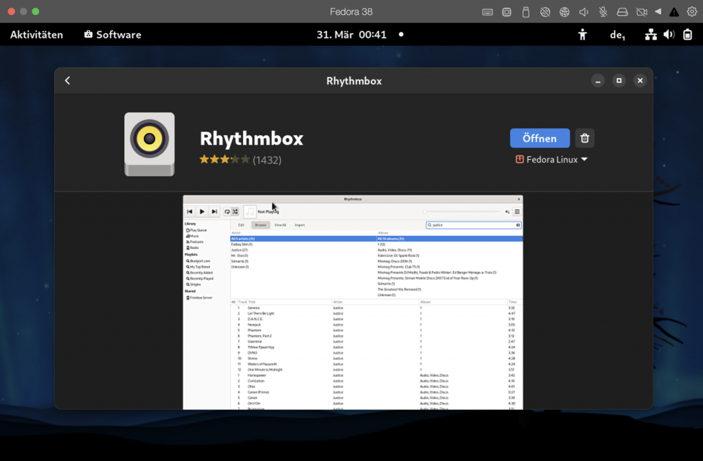 Fedora Softwareverwaltung mit dem Programm Rhythmbox