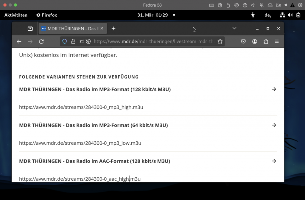 Webseite des Senders MDR-Thüringen mit Streaming-URL